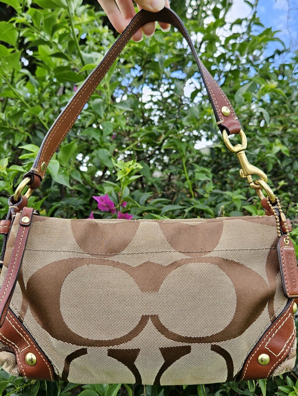 Coach Mini Carly 10730 Signature Khaki Brown Leather Shoulder Bag Y2K 2007